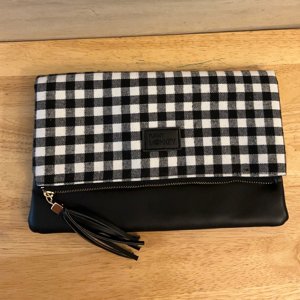 Funky Monkey white and black buffalo check fold-over clutch